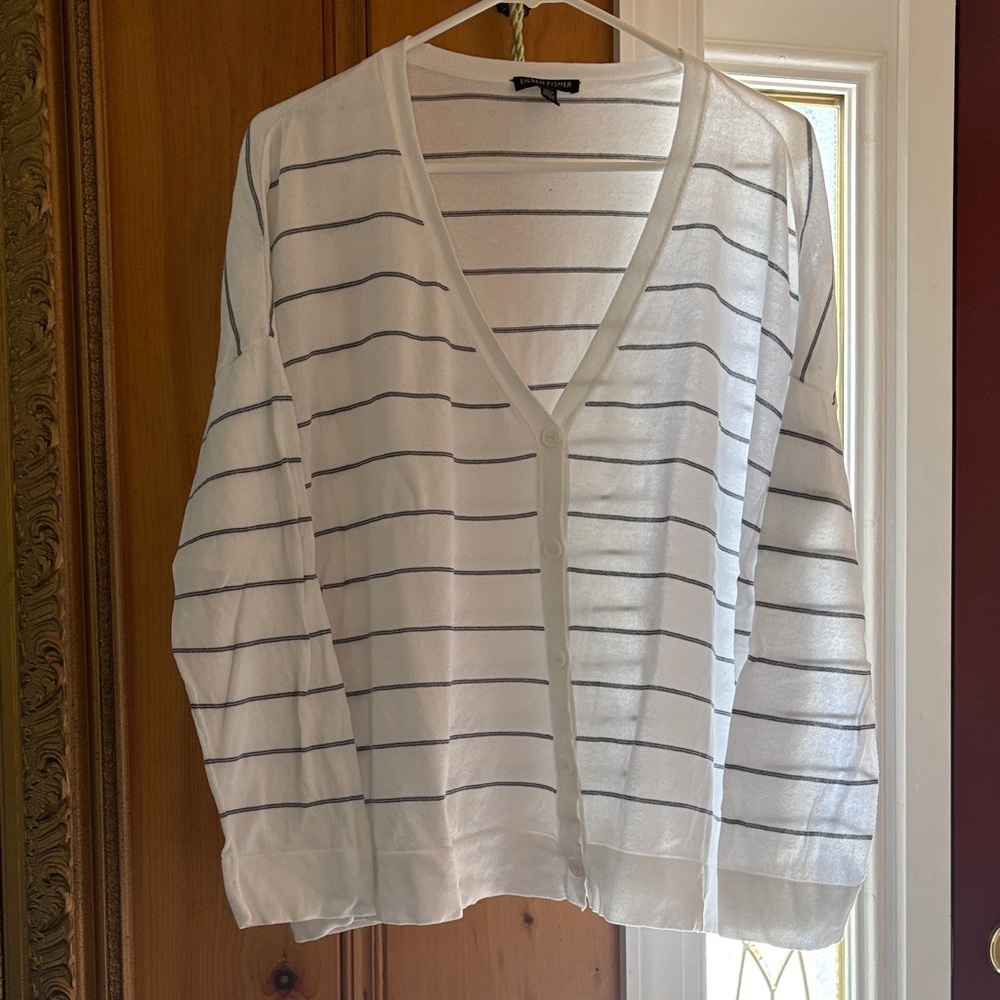 Eileen Fisher White and Gray Striped Cardigan - women’s large - lightweight